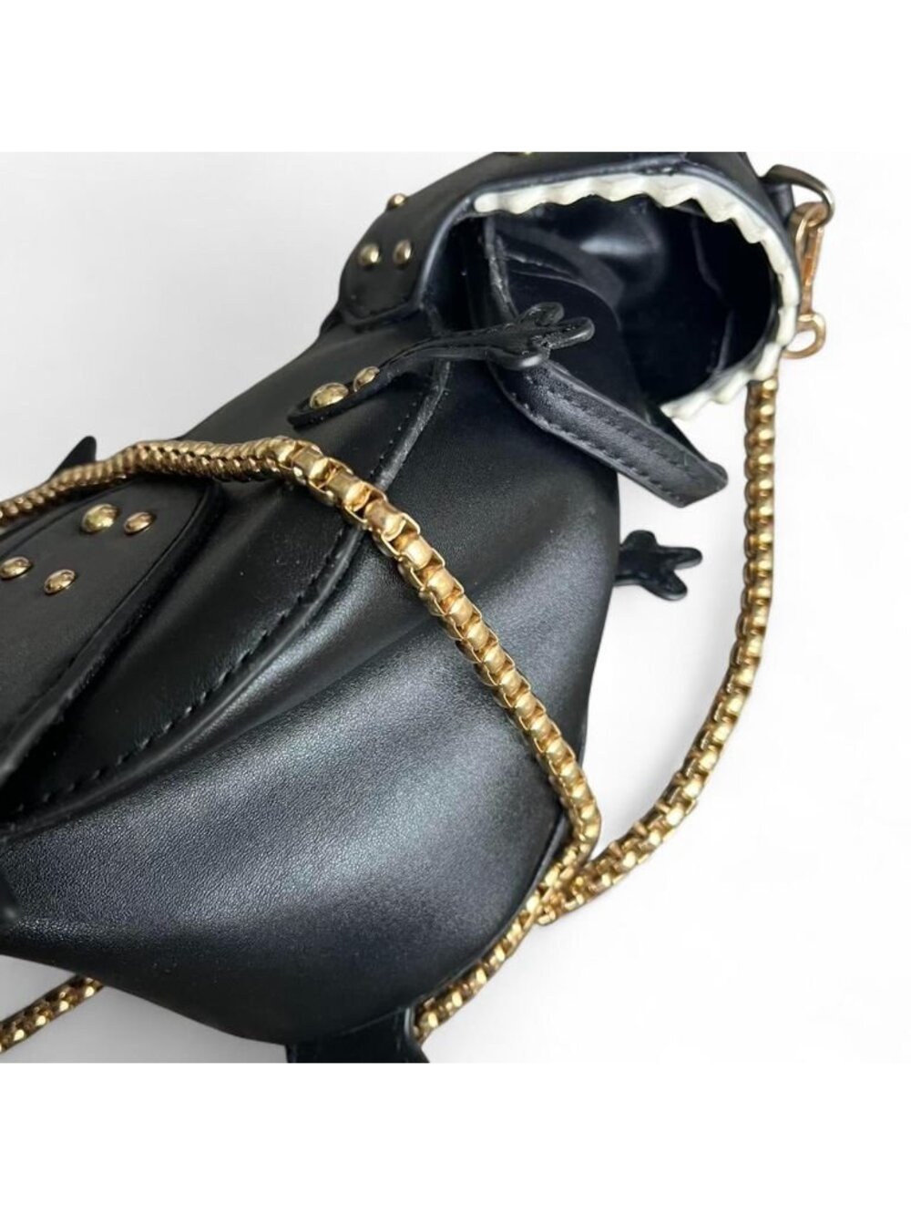 Black Dinosaur Purse w/Gold Studs Chain Strap Whimsy Kidcore Cutesy Maximalism - Picture 4 of 5